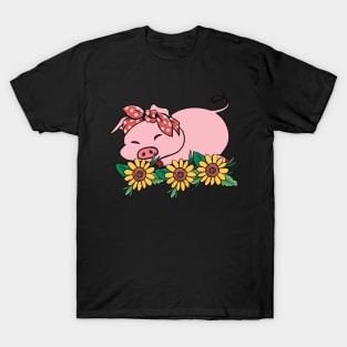 Cute Pig Bandana Sunflower T-Shirt